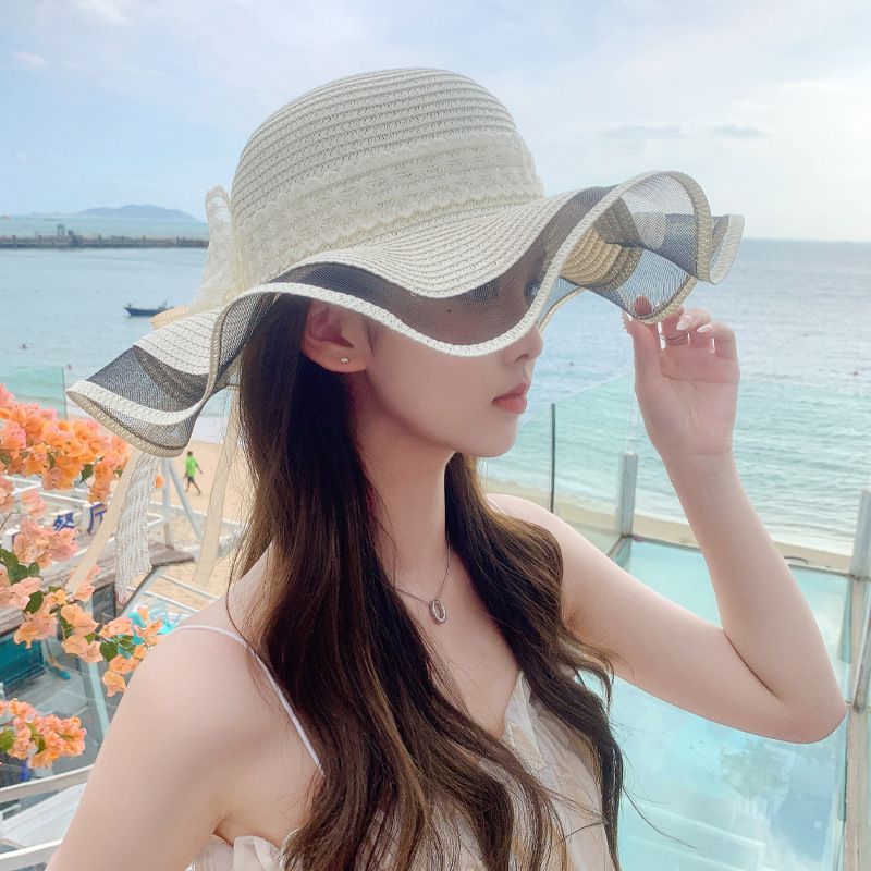Summer New Hat Women's Lace Bow Beach Straw Hat Beach Tourism Sun Protection and Sunshade Hat Big Edge Sun Hat_voghion.com