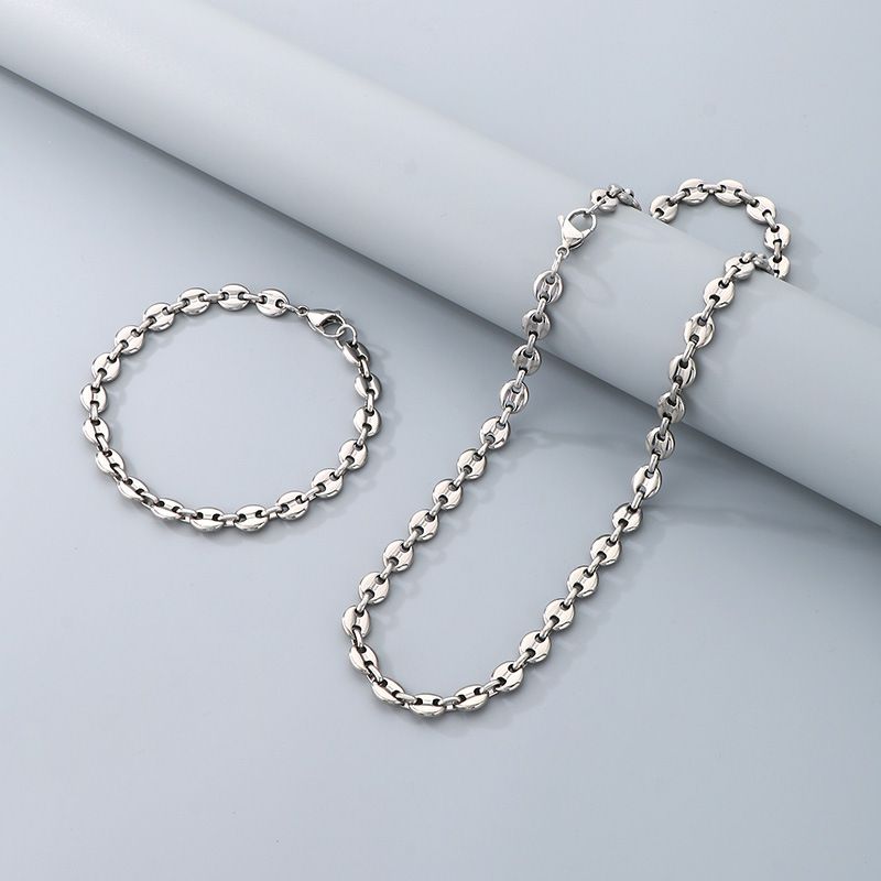 Einfaches hochwertiges Edelstahl-Schweinenasen-Kaffeebohnen-Armband, Halskette, Kette, Vakuum-Gold-Schweinenasen-Kettenset_voghion.com