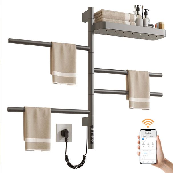 SIOYIE Smart Rotating Heated Towel Rack For Bathroom, Wall-Mounted Electric Towel Dryer With Swivel Bars & Shelf, Smart Timer, Low Carbon Steel, Plug-in/Hardwired, Towel Warmer With Wi-Fi App Control_voghion.com