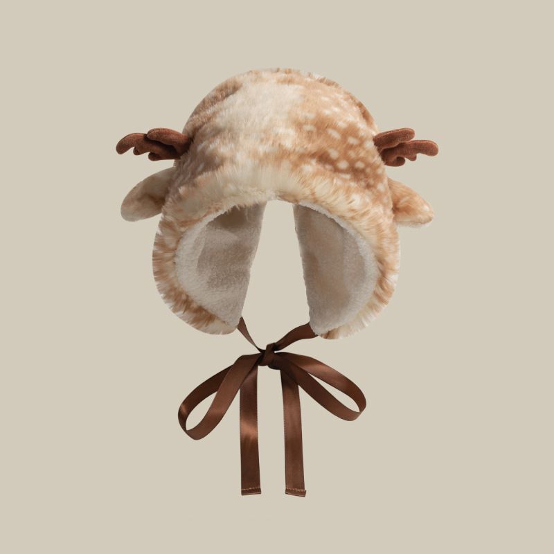 Christmas Lei Feng Children's Sweet Cute Deer Antlers Warm Ear Protection Autumn and Winter Plush Tie Pullover Hat_voghion.com