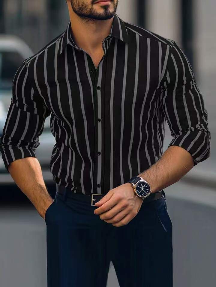 Camicia da uomo con risvolto sottile, stampa a righe, casual, elasticizzata su quattro lati, a maniche lunghe_voghion.com