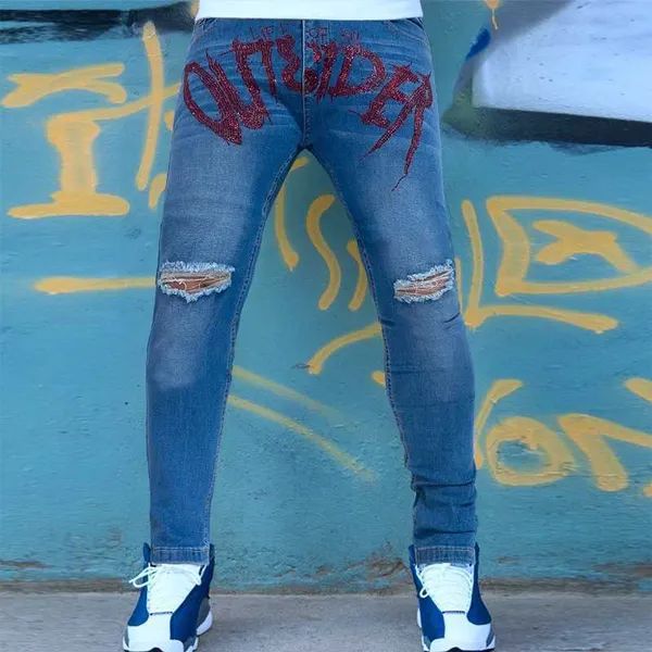 Vīriešu melnas, jaunas, caurumotas, zīmuļbikses, elastīgas, saplēstas, tievas, baikeru stila, karstas urbšanas, augstas kvalitātes, ielu panka stila, mazgātas_voghion.com