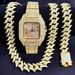 Luxury Hip Hop Square Roman Diamond Stainless Steel Quartz Watch With Cuban Link Bracelet For Men_voghion.com
