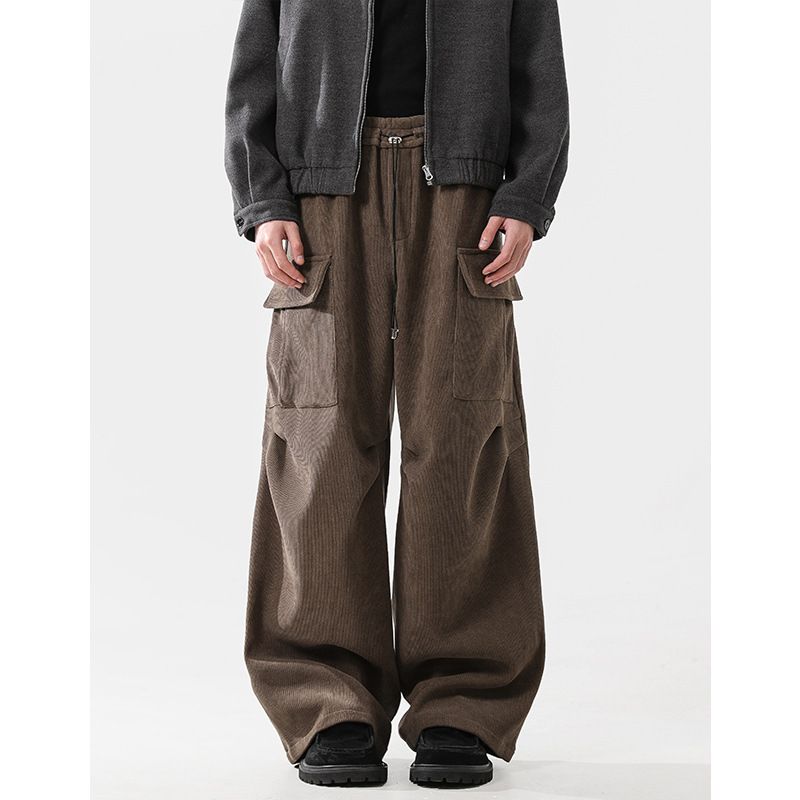 Corduroy Cargo Pants With Fleece Lining – High Waist, 65% Polyester, Drawstring Closure, Black/Khaki, S-XXL (Unisex Winter)_voghion.com