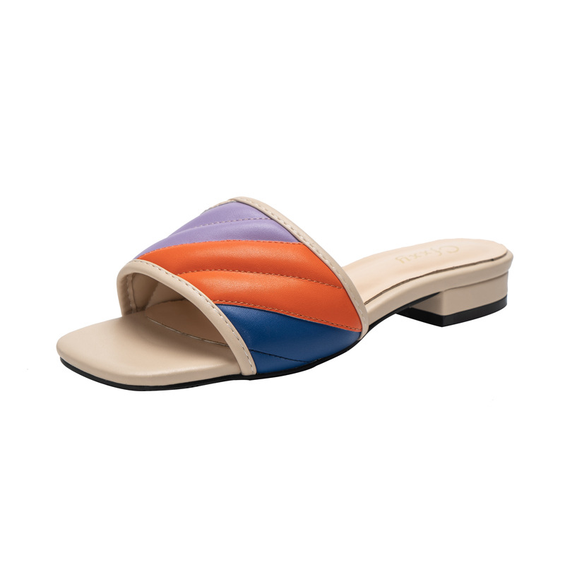 Slippers Heel Embroidered Thread Color Block Thick Low Slippers Summer All Match Heels_voghion.com
