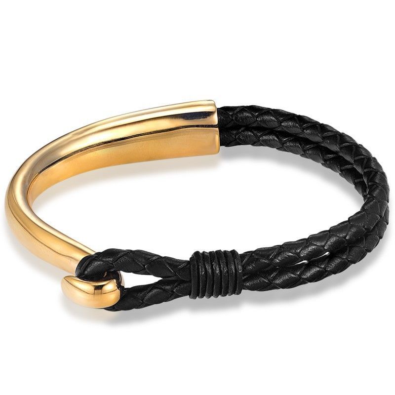 Pulsera de cuero genuino multicapa con cuerda de mano de acero inoxidable y hebilla curva, sencilla y moderna._voghion.com