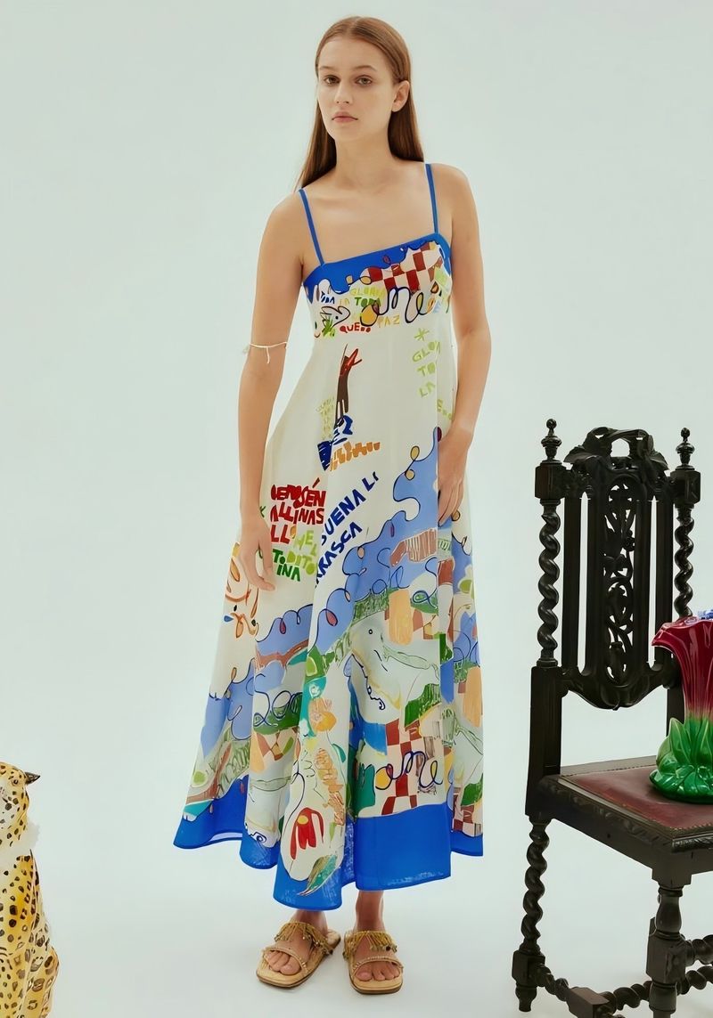 Fließendes Sommerkleid aus Leinen im Bohemian-Stil mit Blumenmuster für Damen – Midikleid mit Riemchen und quadratischem Ausschnitt und künstlerischem Doodle-Design_voghion.com