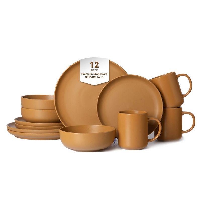 12-Piece Stoneware Dinnerware Sets With Mugs | Microwave & Dishwasher Safe | Non-Toxic Dinner Plates Bowls Set | Stackable Matte Glaze Kitchenware For 3_voghion.com