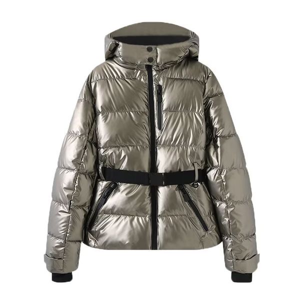 Doudoune à capuche tendance pour femme avec ceinture à la taille - Manteau matelassé élégant pour le ski et les activités de plein air_voghion.com