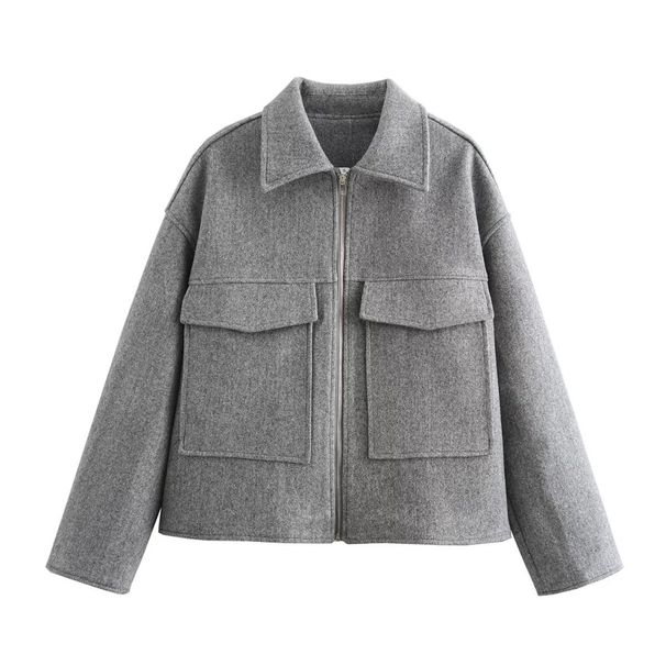 Trendy Zip-Up Wool Blend Jacket – Women’s Stylish Tweed Coat With Pockets, Streetwear Chic (Wine Red, Gray, Coffee Brown, S-L)_voghion.com