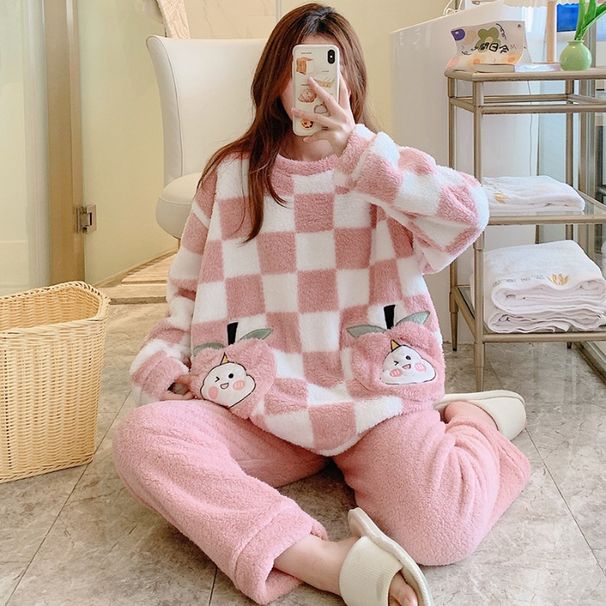 Long haired pajamas for women in winter 2023, sweet checkered long sleeved pants with plus size 260 pounds, chubby MM_voghion.com