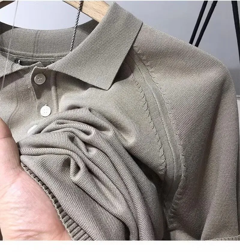 Men's Clothing 2024 summer lapel t shirt polo shirt men's short sleeved knitted sweater half sleeved youth slim shoulder stitching trend_voghion.com