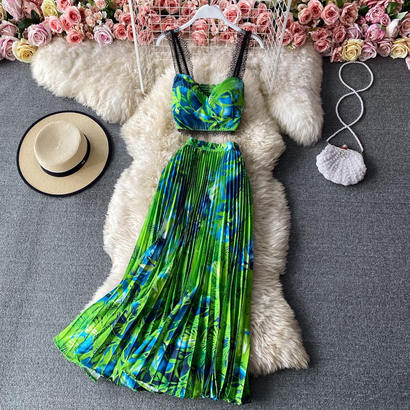 Women's fashion print halter vest blazer sleeveless two-piece set elegant pleated skirt_voghion.com