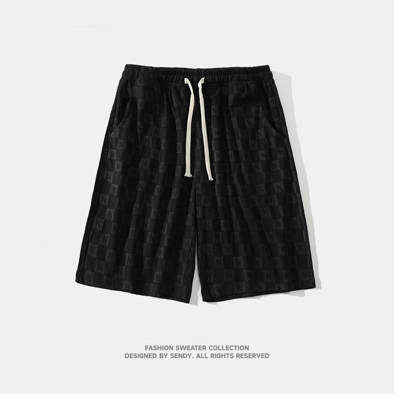 Roupas masculinas novas calças casuais japonesas soltas versão pública jacquard letra N shorts calças de basquete de seda gelo_voghion.com