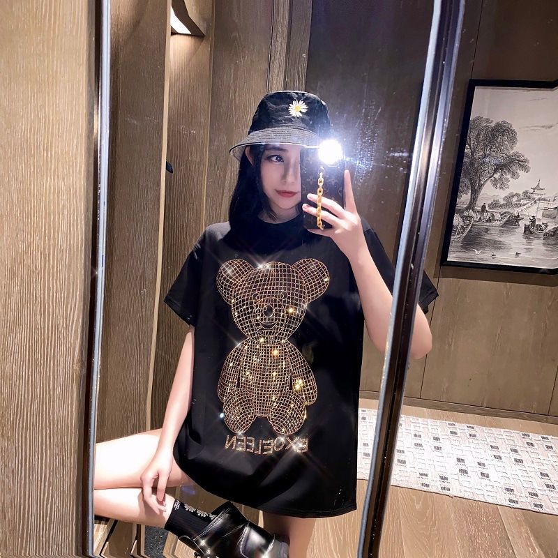 Women's fashion hot drill medium length T-shirt_voghion.com