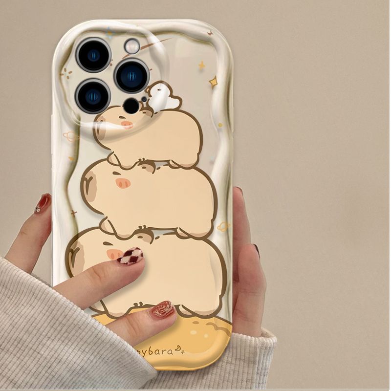 Cartoon Cute Capybara Phone Case For iPhone 16 15 14 13 12 11 Pro Max X XR XS 8 7 Plus SE 2020 Shockproof 3D Wave Silicone Cover_voghion.com