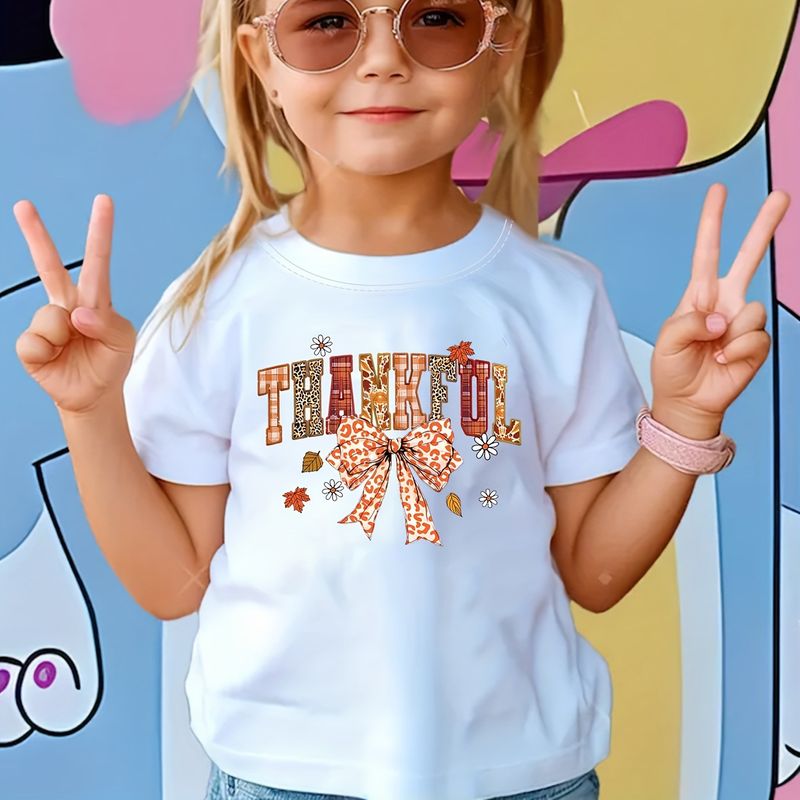 T-shirt à manches courtes et col rond pour enfant, imprimé avec lettres de remerciement et nœud, taille 1 à 8 ans_voghion.com