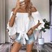 Damen-Bluse mit schulterfreien Glockenärmeln und Fliege – lässiges Oberteil mit lockerer Passform – atmungsaktives Polyester, Sommermode (Weiß/Schwarz)_voghion.com