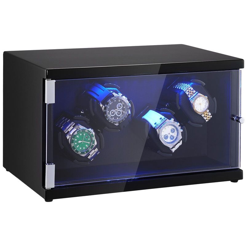 VEVOR Watch Winder, Watch Winder For 4 Men's And Women's Automatic Watches, With 2 Super Quiet Japanese Mabuchi Motors, Blue LED Light And Adapter, High-Density Board Shell And Black PU_voghion.com