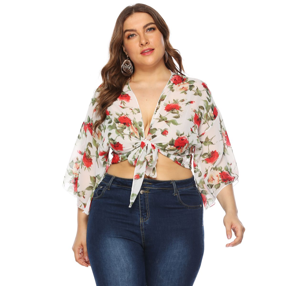 Dámský šifonový kardigan s potiskem růží a zvonovými rukávy, plus size, zavázaný krátký top_voghion.com