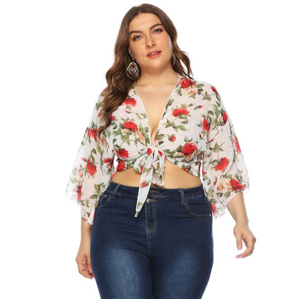 Dámský šifonový kardigan s potiskem růží a zvonovými rukávy, plus size, zavázaný krátký top_voghion.com