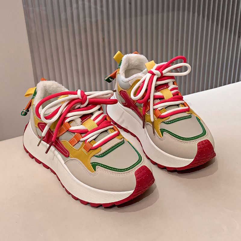 Neue Samt-Papa-Schuhe für Damen im Winter, höhenverstärkend, lässig, atmungsaktiv, dicke Sohle, farblich blockiert,_voghion.com