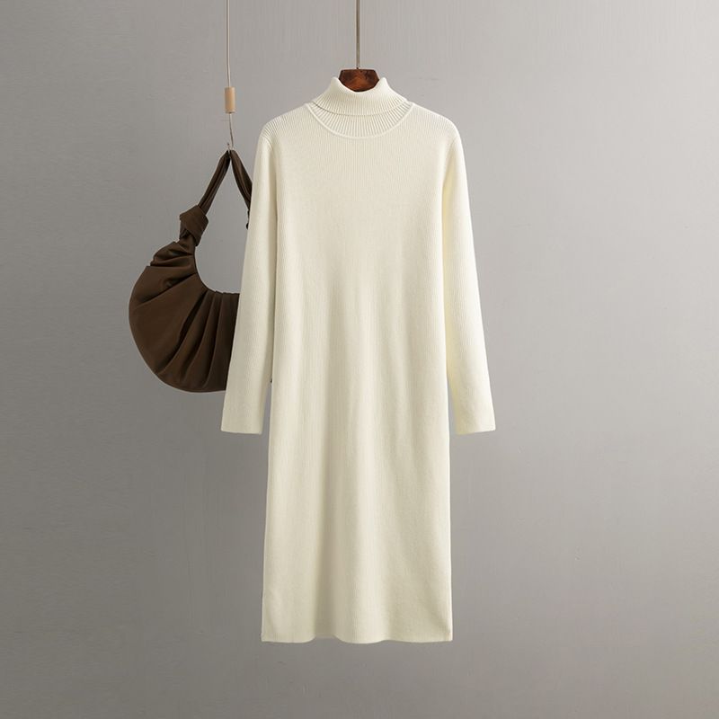 Robe pull ample rembourrée pour femmes, col haut, couleur unie, bas, robes tricotées_voghion.com