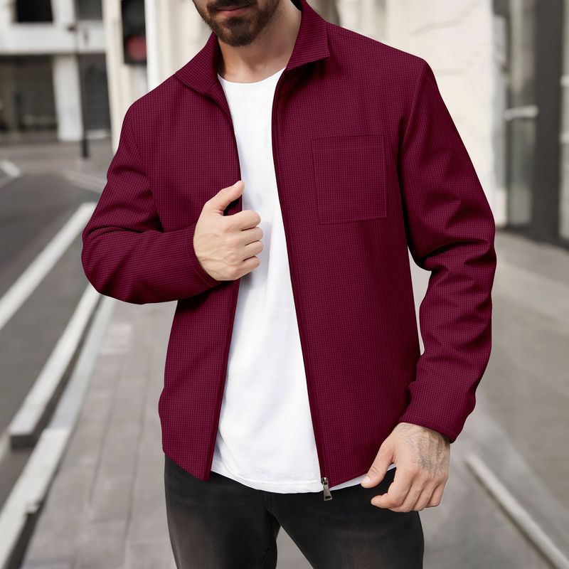 ​​"Waffle-Knit Zip-Up Jacket - Slim Fit Cotton-Blend Casual Cardigan For Men In White/Grey/Black/Khaki/Olive/Burgundy (S-XXXL)"​​_voghion.com