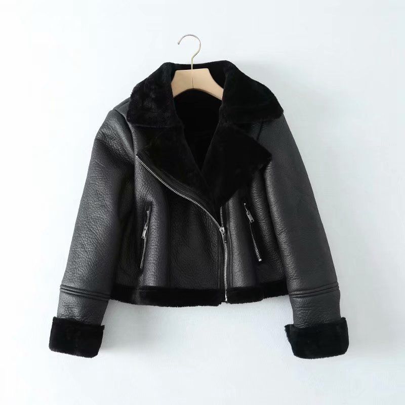 Damenbekleidung Herbst und Winter neue Motorradbekleidung im Ritterstil lässiger Pelzkragen Slim Fit dicke kurze Damenjacke Ledermantel_voghion.com