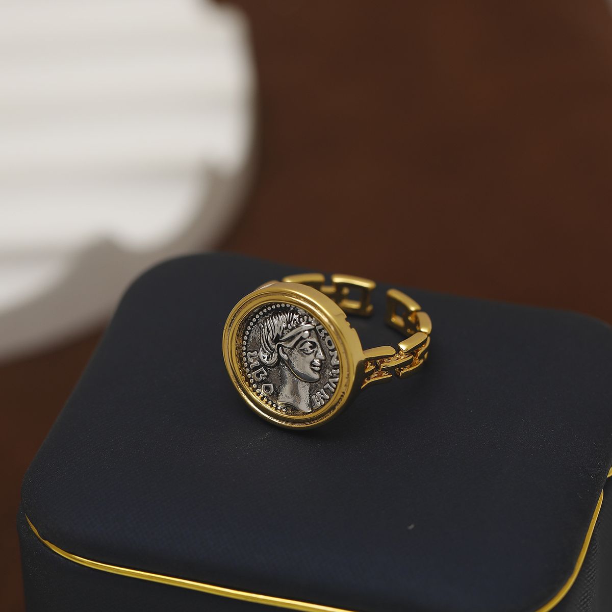 Anello aperto con moneta antica, retrò, vintage, da donna, design unico e di alta qualità, accessori in oro._voghion.com