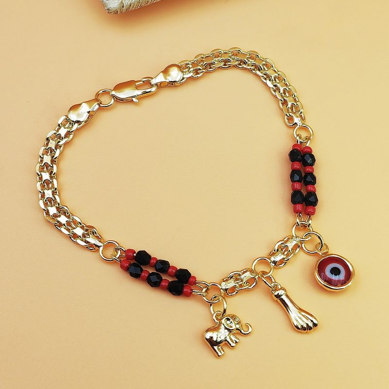 Bohemian Style Red And Black Beaded Evil Eye Elephant Bracelet Copper Plated With 14K Gold_voghion.com