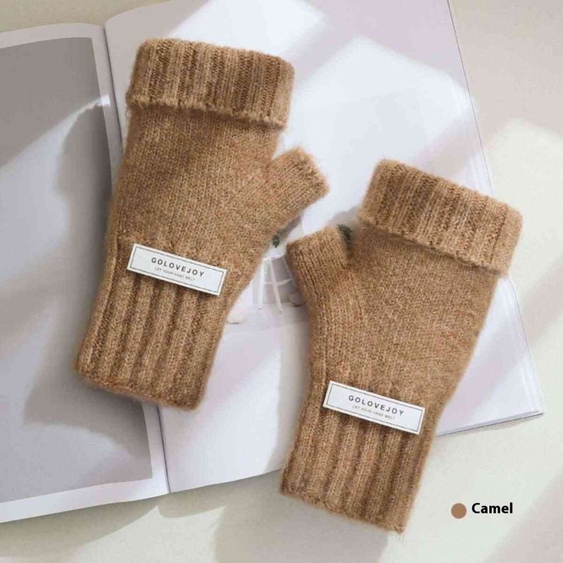 Gants tricotés à demi-doigts coréens d'hiver pour femmes, gants chauds en velours épais à doigts exposés d'automne_voghion.com