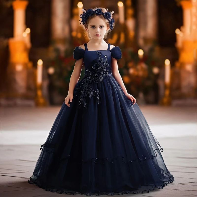 Mor & Børn Ny en-skulder piges aftenkjole prinsessekjole fluffy børne brudekjole piano performance kostume_voghion.com