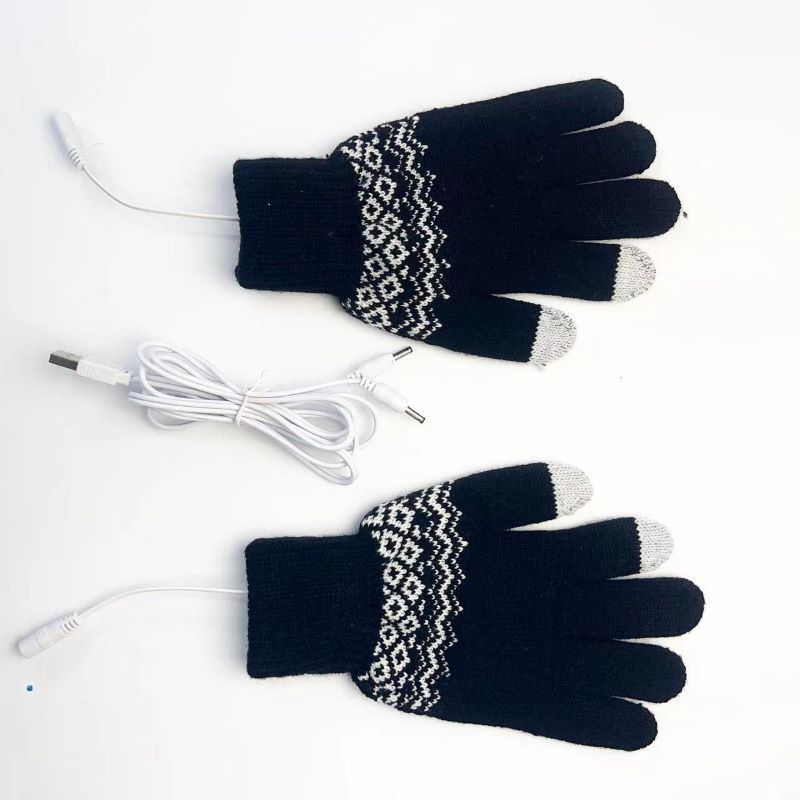 Heating Gloves Electric heating gloves 5-finger knitted jacquard touch screen thickened with fleece USB warm gloves for outdoor warmth_voghion.com