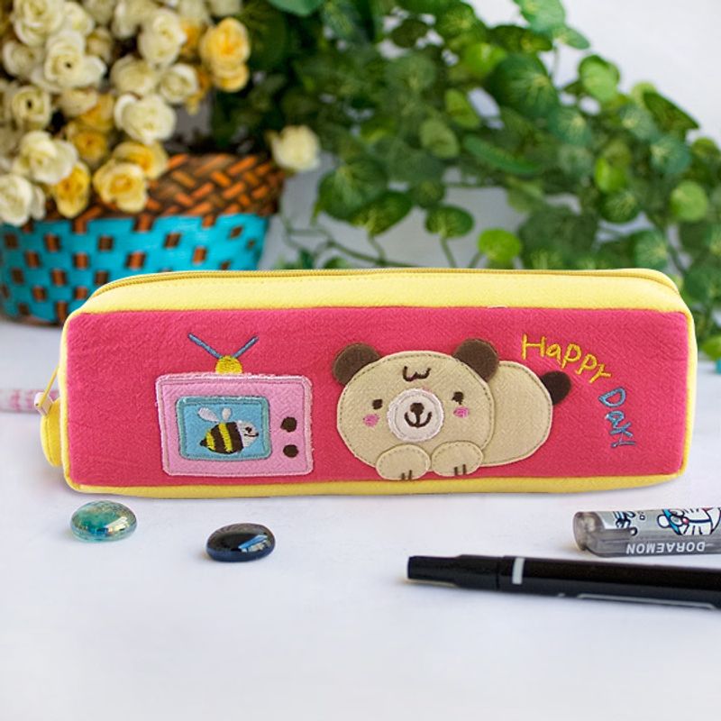 [Happy Day] Embroidered Applique Pencil Pouch Bag / Cosmetic Bag / Carrying Case (7.5*2.5*1.6)_voghion.com