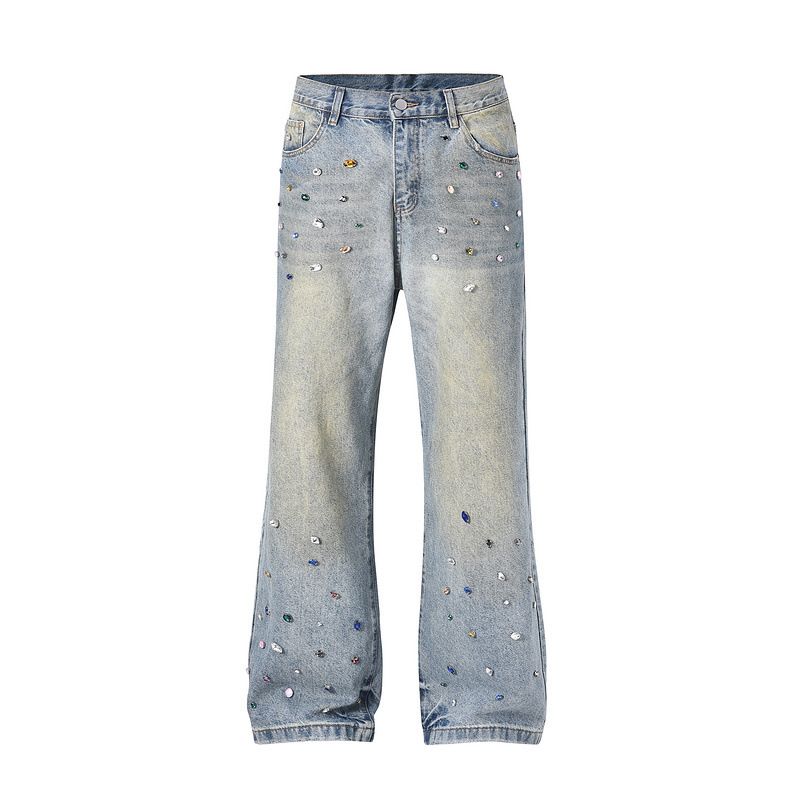Men's Clothing High Street Washed Loose Wide Leg Pearl Full Diamond Patch Diamond Stacked Jeans Jeans_voghion.com