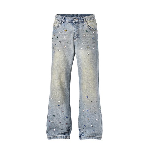 Men's Clothing High Street Washed Loose Wide Leg Pearl Full Diamond Patch Diamond Stacked Jeans Jeans_voghion.com