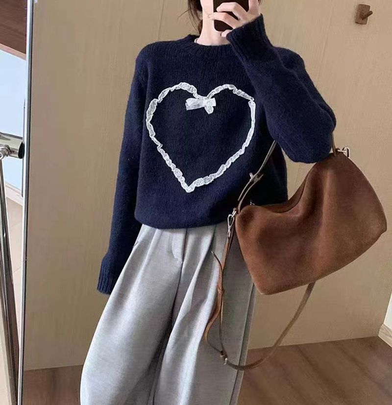 Weicher, klebriger, milchiger, fufu-grauer, herzförmiger Pullover für Frauen, lockerer und fauler Waschbär im Herbst-Winter 2024_voghion.com
