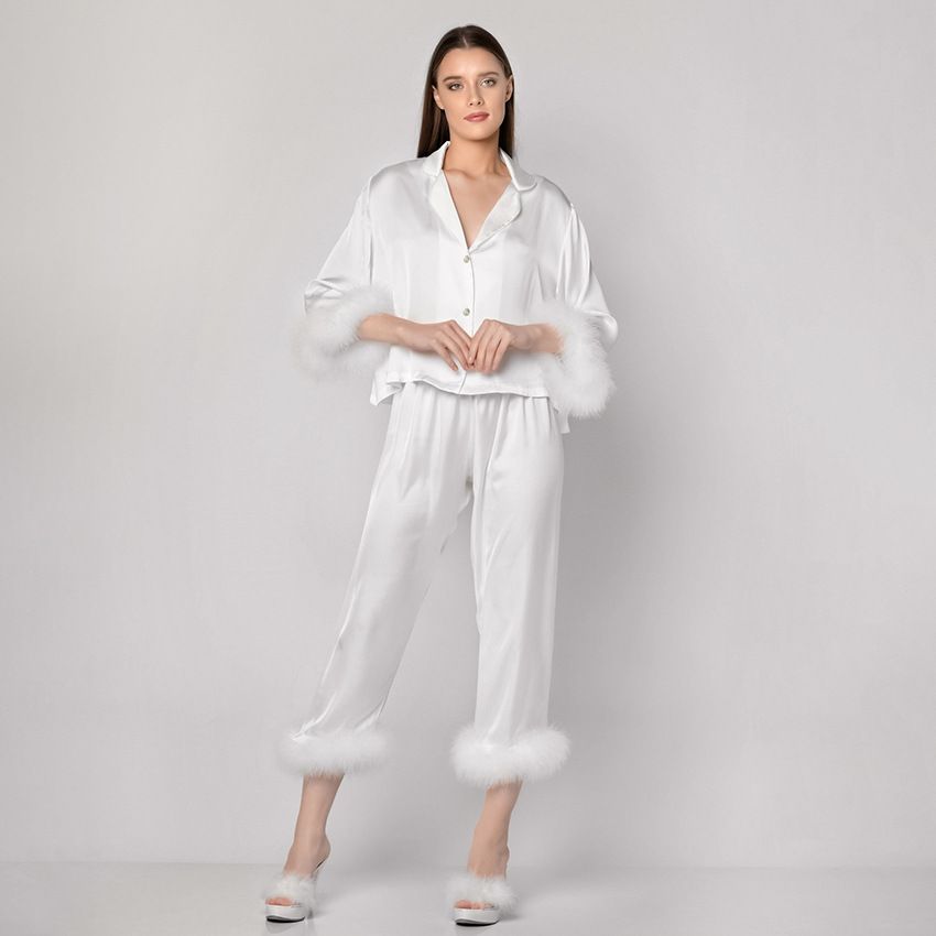 Weiße Strickjacke mit langen Ärmeln, Federhose, Pyjama, zweiteiliges Set, hautfreundliche, weiche Damen-Hauskleidung_voghion.com