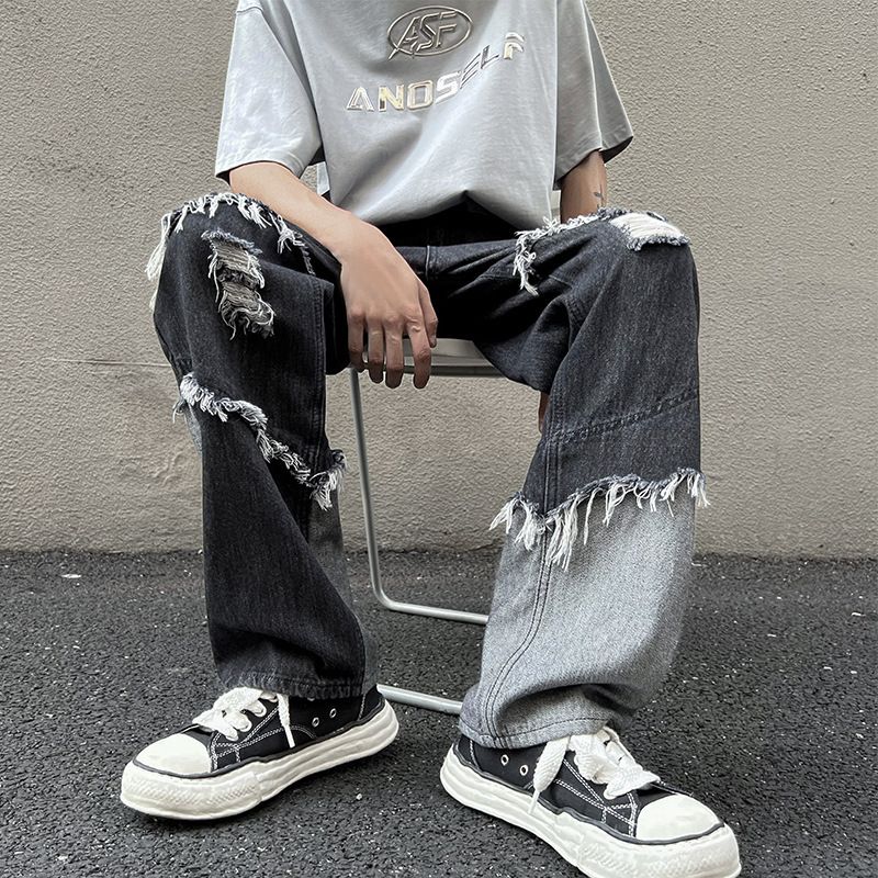 Americano nappa denim alla moda di nicchia stile originale sciolto splicing bordo ruvido high street pantaloni casual etichetta di moda da uomo_voghion.com