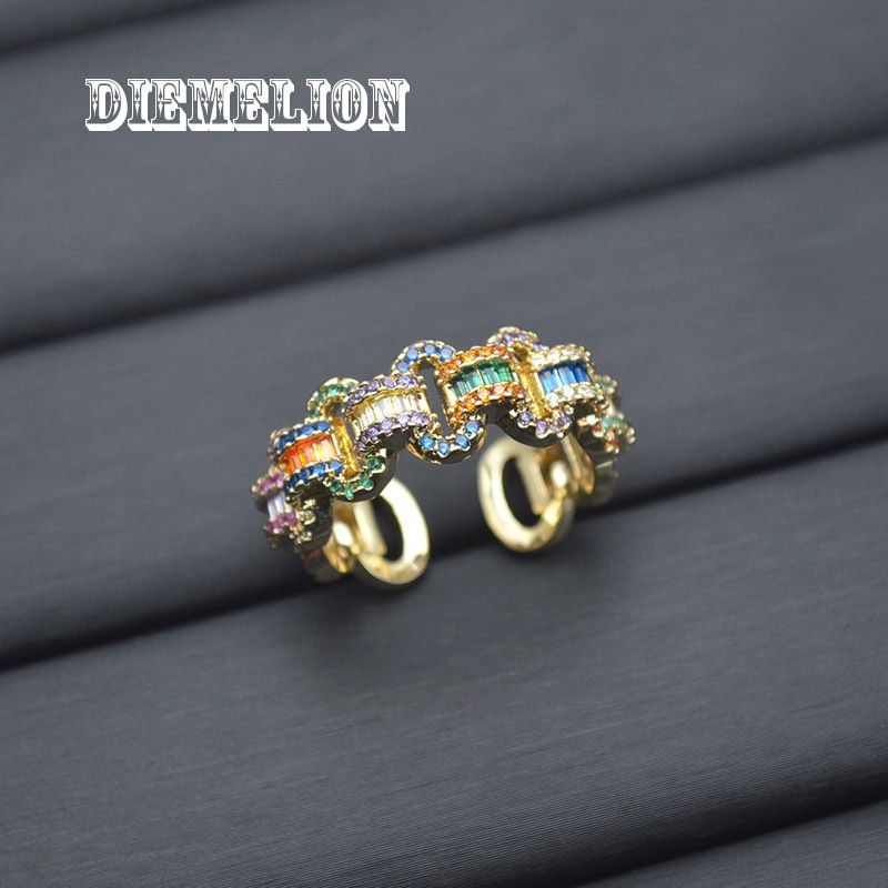 Punk Hip-Hop Colorful Zircon Hollow Shiny Personality Cuban Chain Ring Gold-Plated Color-Retaining Open Hand Jewelry_voghion.com