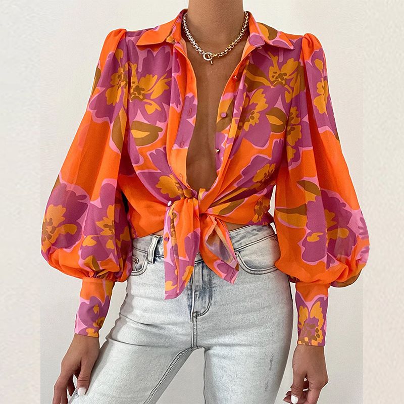 Spot Sexy Women's Puff Sleeve Lapel Long Sleeve Top Printed Shirt_voghion.com