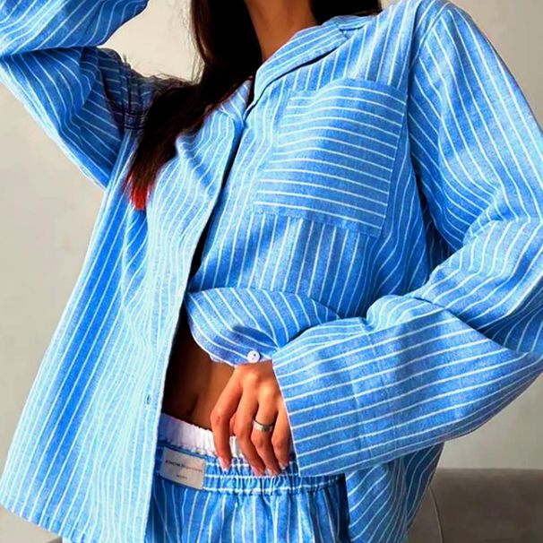 Neue Hauskleidung für Damen, blau-weiß gestreiftes Hemd, lange Ärmel und Shorts, zweiteiliges Set, locker und lässig, kann draußen zu Hause getragen werden_voghion.com