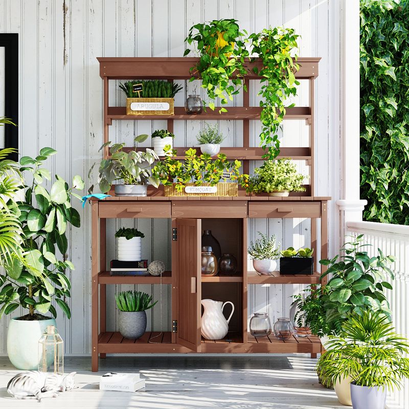 66" Large Outdoor Farmhouse Wooden Potting Bench Table, Garden Workstation With 2 Drawers, Cabinet And Open Shelves For Backyard, Mudroom_voghion.com