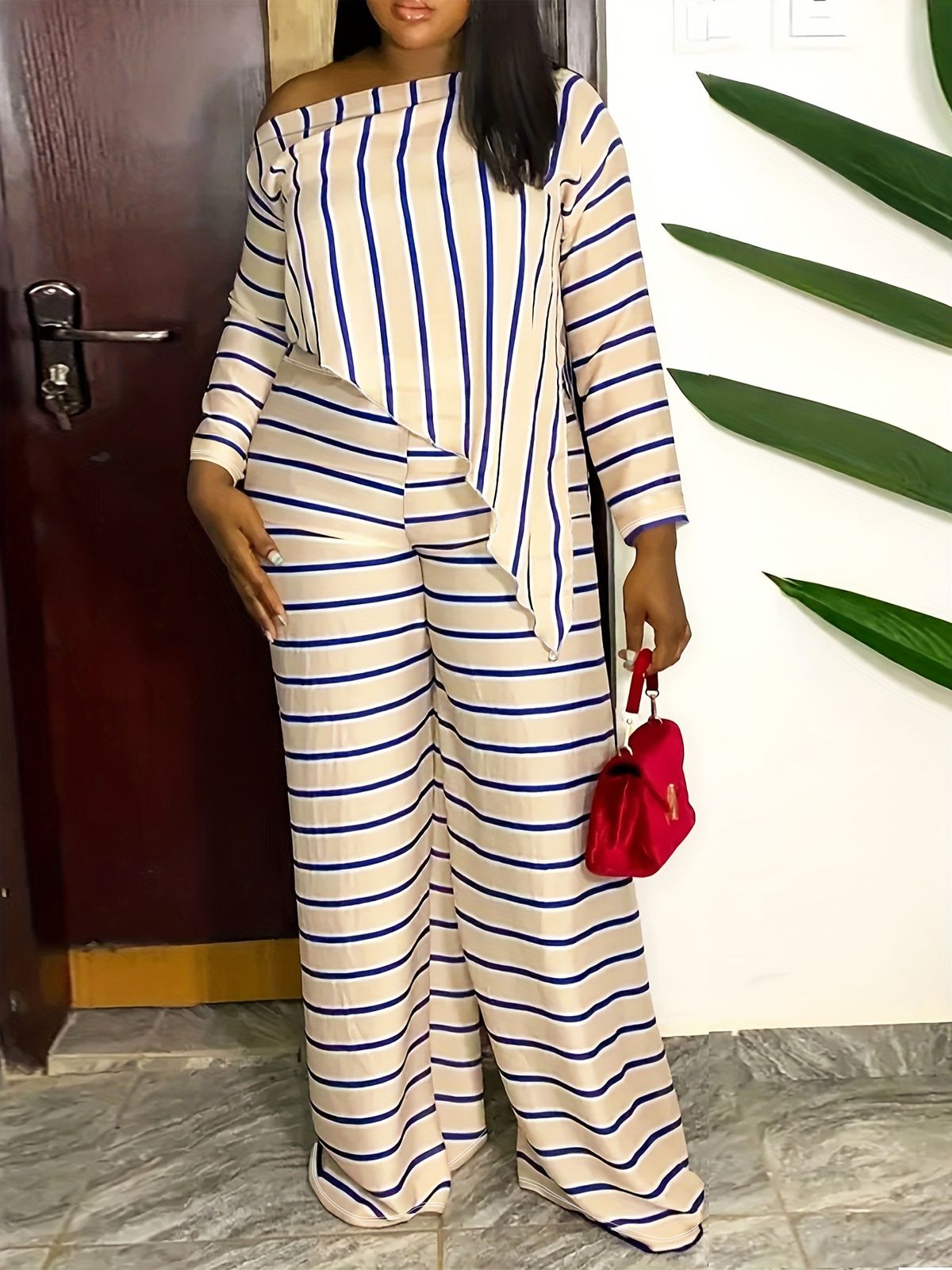 dametøj hot salg skrå skulder stribe print lang stor størrelse todelt jakkesæt_voghion.com