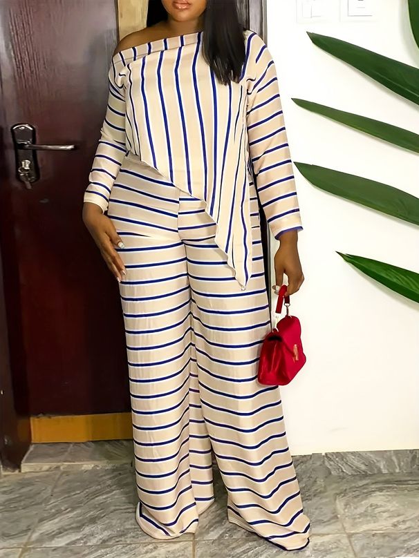dametøj hot salg skrå skulder stribe print lang stor størrelse todelt jakkesæt_voghion.com