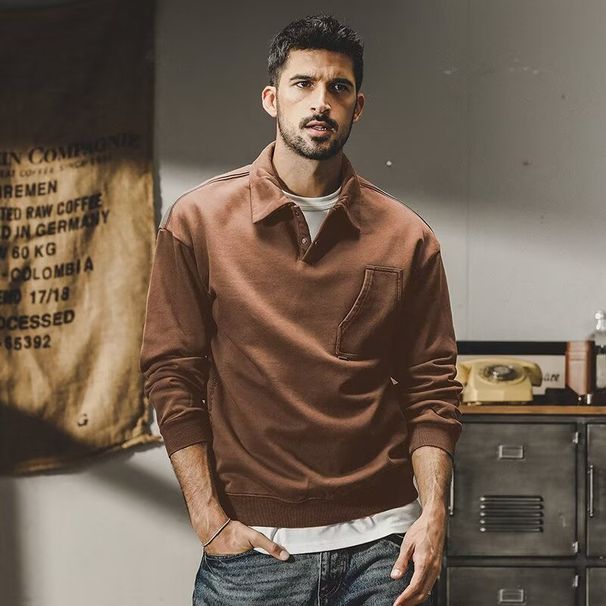 Handsome retro style long sleeved men's spring and autumn styles, new casual loose top, lapel sweatshirt for men_voghion.com