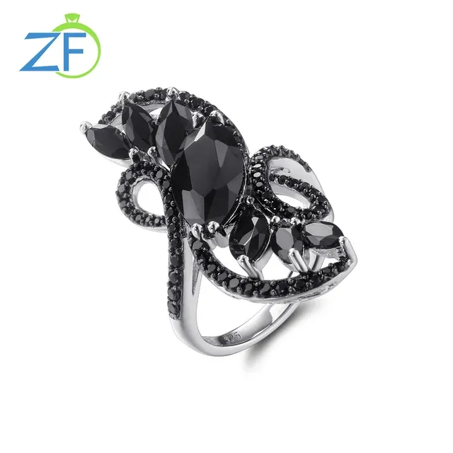Ready Stock GZ ZONGFA Echter Sterling Silber Ring Damen 6 Karat Natürlicher Schwarzer Spinell Individuell Rhodiniert Modeschmuck Geschenk_voghion.com