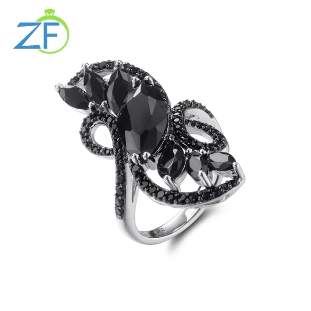 Ready Stock GZ ZONGFA Echter Sterling Silber Ring Damen 6 Karat Natürlicher Schwarzer Spinell Individuell Rhodiniert Modeschmuck Geschenk_voghion.com