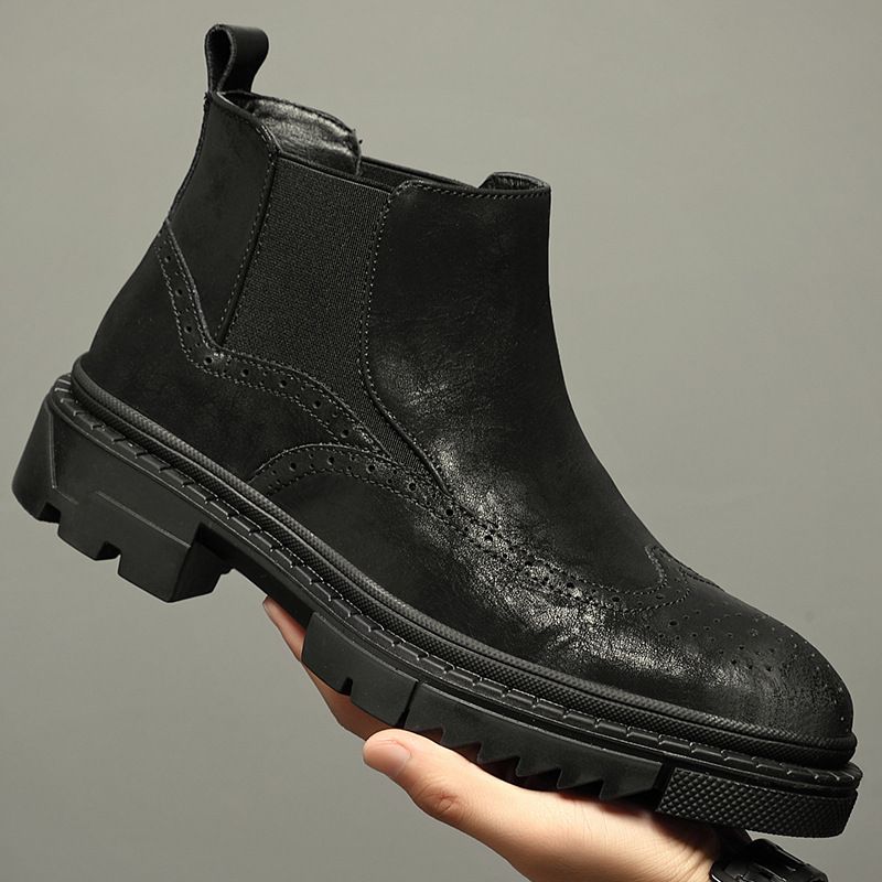 thick-soled Martin Boots Heightening Leather Boots Men's Shoes Velvet Leather Casual Medium And High-top Cigarette Tube Chelsea Leather Boots_voghion.com